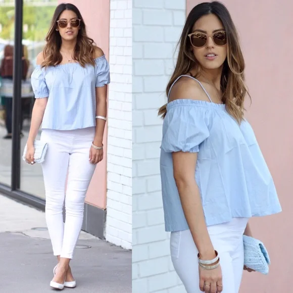 💥 CLEARANCE Ruffled Off Shoulder Cami Swing Blouse Baby Blue - Picture 2 of 6